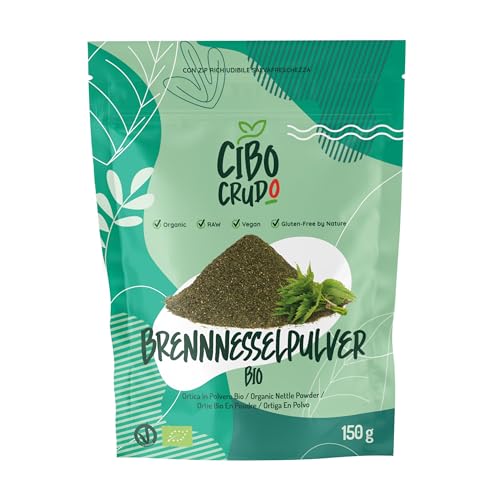 Brennesselpulver Bio und Roh -150g. Sonnengetrocknete Brennnesselblätter zur Erhaltung der Eigenschaften. Brennnesselpulver für Kräutertee und Tee. 100 % Natürlich Fein gemahlene Brennnessel. von CIBO CRUDO crudo biologico vegan