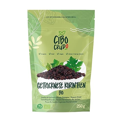 Korinthen Zum Backen Bio Ungeschwefelt - 250g. Griechische Rosinen ohne Zuckerzusatz. Schwarze oder Zakynthische Rosinen. Reich an Vitaminen der Gruppe B und Eisen für Desserts oder Kuchen. von CIBO CRUDO crudo biologico vegan