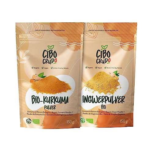 Kurkuma und Ingwer Pulver Bio - 150g pro Paket. Kurkuma für Smoothies und Goldene Milch/Latte und Ingwerpulver Getrocknete und Gemahlen. Turmeric Powder. Grounded Ginger Powder. von CIBO CRUDO crudo biologico vegan