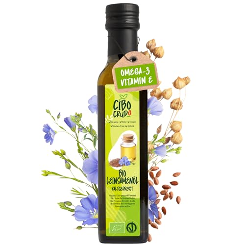 Leinöl Bio Kaltgepresst und Rein - 250ml. Leinsamenöl Bio Reich an Ungesättigte Omega 3 Fettsäuren Antioxidantien und Kalzium. Organic Flaxseed Oil. von CIBO CRUDO crudo biologico vegan