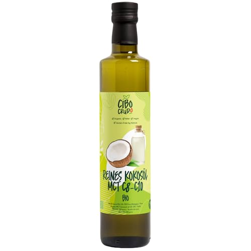 MCT Öl Bio - 500ml. Kokos MCT Öl C8 C10 Kalt Gepresst 100% Natürlich und Rein für Low Carb Keto und Paleo Diäten. Vegan und Non GMO Organic MCT Oil. von CIBO CRUDO crudo biologico vegan