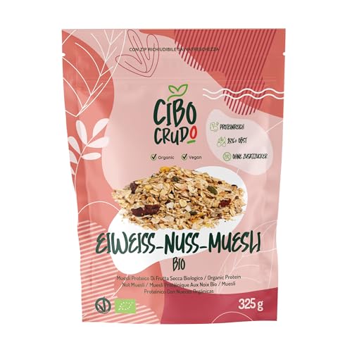 Müsli mit Trockenfrücht - 325 g. Musli mit Haferflocken Roggen und Kokosflocken mit Haselnusskörnern Kürbiskernen Cashewnüssen Kakaobohnen in Stücken Mandeln und Pekannüssen. von CIBO CRUDO crudo biologico vegan