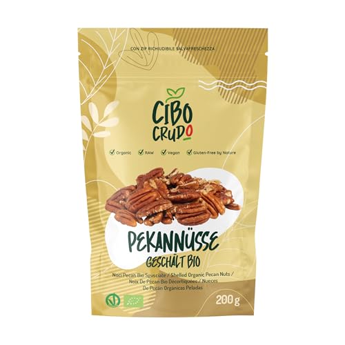 Pekannüsse Bio Geschält - 200g. Pecannüsse Roh Ungesalzen und Naturbelassen. Quelle für Ballaststoffe Ungesättigte Fettsäuren Mineralsalze und Aminosäuren. Organic Pecan Nuts. von CIBO CRUDO crudo biologico vegan