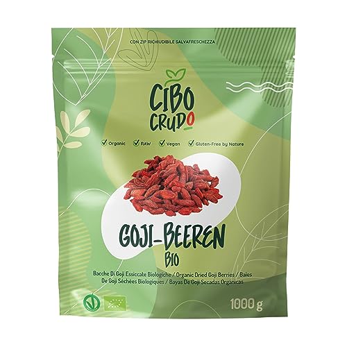 Roh Goji Beeren Bio Ungeschwefelt - Premium Qualität - 1 Kg. Bio Goji Beeren Getrocknet aus zertifiziert Biologischem Anbau Ungezuckert. Organic Goji Berries. von CIBO CRUDO crudo biologico vegan