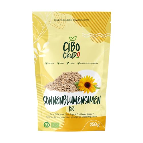 Sonnenblumenkerne Geschält Bio - 250g. Geschälte Sonnenblumenkerne Ungeröstet und Ungesalzen. Quelle für Vitamin E Selen und Magnesium. Ideal für Kekse Brot Pizza und Salat. von CIBO CRUDO crudo biologico vegan