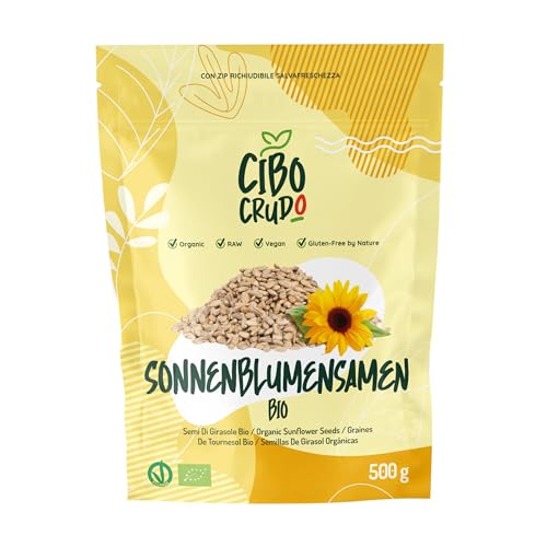 Sonnenblumenkerne Geschält Bio - 500g. Geschälte Sonnenblumenkerne Ungeröstet und Ungesalzen. Quelle für Vitamin E Selen und Magnesium. Ideal für Kekse Brot Pizza und Salat. von CIBO CRUDO crudo biologico vegan