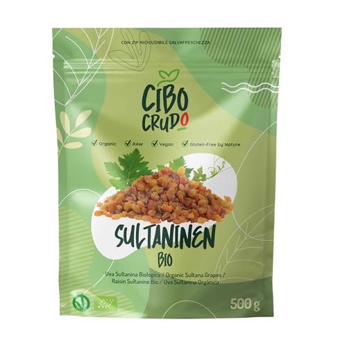 Sultaninen Bio Ungeschwefelt - 500g. Getrocknete und Rohe. Dehydrierte Rosinen ohne Zuckerzusatz zum Verzehr zu Snacks oder Desserts. von CIBO CRUDO crudo biologico vegan