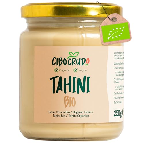 Tahini Sesampaste Bio - 250g. Ungeröstete Tahina/Tahin Paste für Hummus. Sesammus Enthält Vitamine, Proteine, Ballaststoffe und Antioxidantien. Für Veganer und Vegetarie auch für Buddha Bowl. von CIBO CRUDO crudo biologico vegan