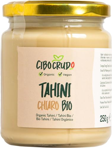 Tahini Sesampaste Bio - 250g. Ungeröstete Tahina/Tahin Paste für Hummus. Sesammus Enthält Vitamine, Proteine, Ballaststoffe und Antioxidantien. Für Veganer und Vegetarie auch für Buddha Bowl. von CIBO CRUDO crudo biologico vegan
