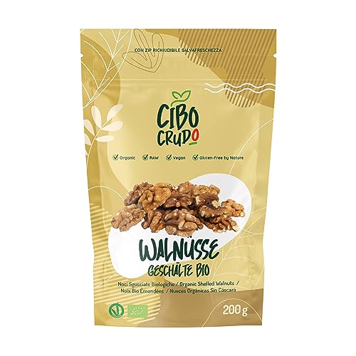 Walnüsse Bio - 200g. Walnusskerne Bio Geschälte Ganz. Walnuss Reich an Mineralsalzen und Vitaminen. Zum Verzehr als Snack oder als Süßspeise Salat Müsli oder Joghurt. Organic Walnuts. von CIBO CRUDO crudo biologico vegan