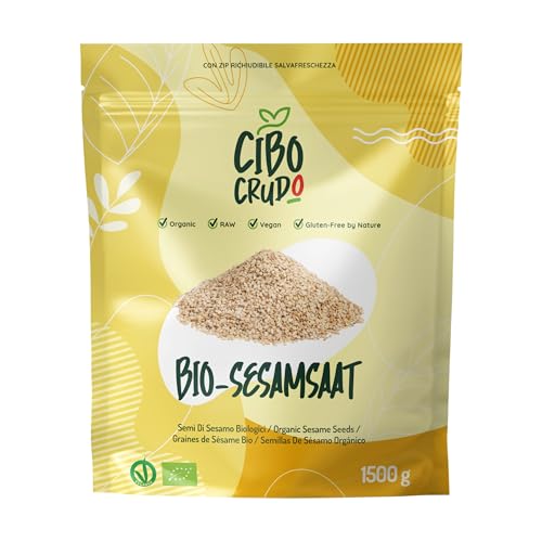 Weiße Sesamsamen Bio - 1.5 Kg. Enthalten Eiweiß ​​und Ballaststoffe. Sesam Samen für Sushi oder zum Zubereiten von Saucen oder Tahini und Zusätzlich zu Joghurt und Obst. von CIBO CRUDO crudo biologico vegan