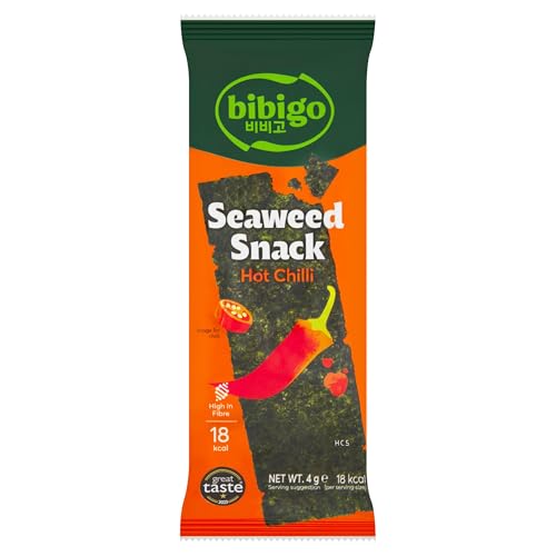 Bibigo Seealgen Snack Hot Chili – Scharf gewürzte und geröstete Seelagenblätter – Ideal als Snack oder Topping – 1 x 4 g von BIBIGO