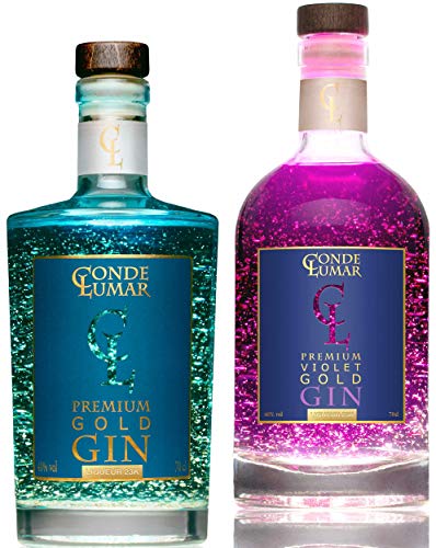 Gin Premium Geschenk für Männer & Frauen - Paket 2 Flaschen Mit 23K Blattgold - Premium & Violet - Mediterran Botanicals & Juniper - Flasche & Gold-Zertifikat - Ohne Geschenkverpackung von CL CONDE LUMAR