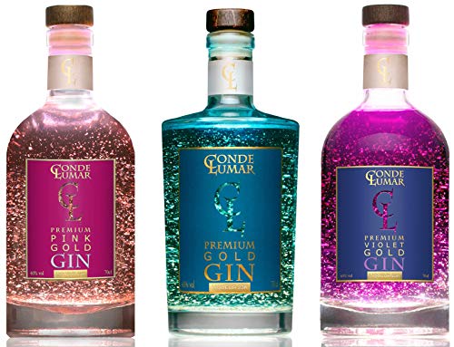 Gin Premium Geschenk für Männer & Frauen - Premium, Violet & Pink - Paket 3 Flaschen 23K Blattgold & Gold-Zertifikat - Mediterran Botanicals - Ohne Geschenkverpackung von CL CONDE LUMAR
