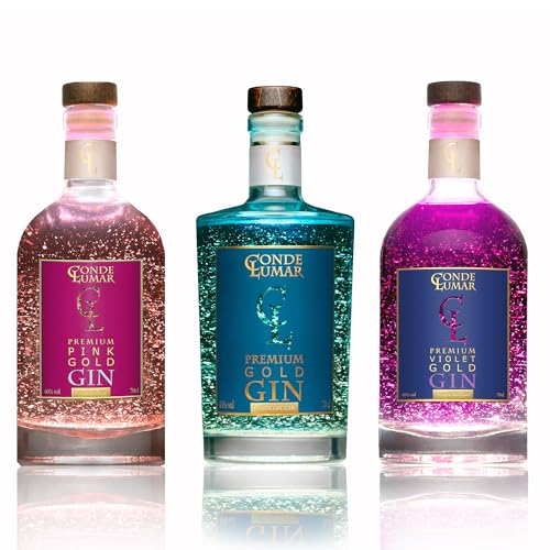 Gin Premium Probierpaket 3 Flasche 23-Karat-Goldfolie - Pink Premium und Violet-Blue Gin Paket - Spanische Mediterran Botanicals & Juniper - Probierset Geschenk - Ohne Geschenkverpackung von CL CONDE LUMAR