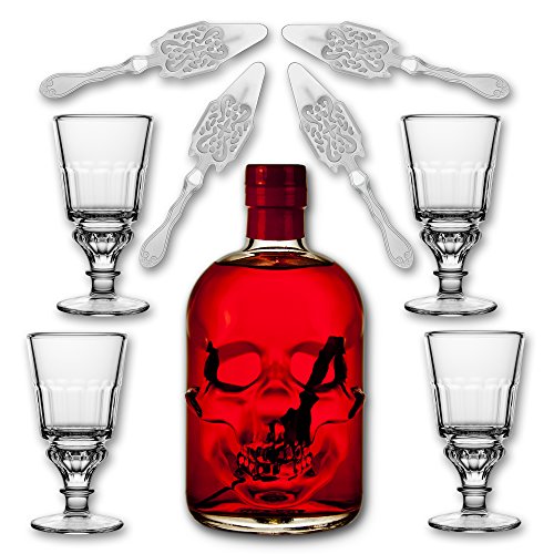 Red Chili Head Absinthe 0,5l + 4x Absinth Glas Pontarlier + 4x Absinth Löffel Antique von CLUDI Handel & Warendistribution