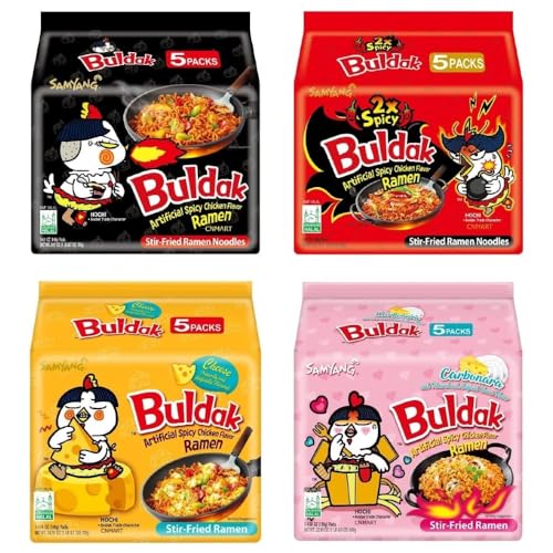 CNMART Samyang Instant Noodles Ramen Halal, 4 Geschmacksrichtungen – Hot Bulbd-Huhn, 2 x würziges Huhn, Käse und Carbonara – 20 Stück von CNMART