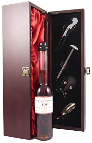 Cockburn's Vintage Port 1904 (Decanted Selection) 20cls in einer mit Seide ausgestatetten Geschenkbox. Da zu vier Wein Zubehör, Korkenzieher, Giesser, Kapselabschneider,Weinthermometer, 1 x 200ml von Cockburns