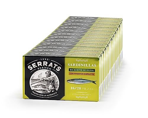 12 Einheiten - SERRATS - Kleine Sardinen in Olivenöl mit Espelette-Paprika (16-20 Sardinen/Dose) von CONSERVAS SERRATS