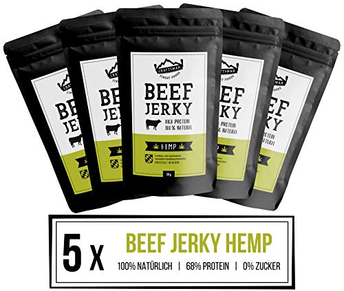 Craftsman Beef Jerky Hemp | 5 x 50 g = 250g | 100% Natürlich | Ohne Zucker | Trockenfleisch aus Deutschland - Bayern | Weiderind | 68% High Protein | mit Hanfsamen von CRAFTSMAN FINEST FOODS