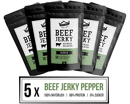 Craftsman Beef Jerky Pepper | Trockenfleisch ohne Zucker aus Deutschland - Bayern | Set 5 x 50g = 250g | 100% Rind | High Protein 68% | Pfeffer | 100% Natürlich von CRAFTSMAN FINEST FOODS