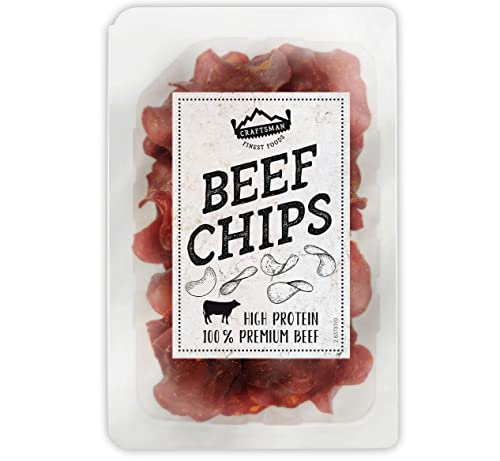 Craftsman Beef Chips | hauchdünn geräuchertes Rindfleisch | Proteinreiches Trockenfleisch | 100% Rind | knusprige Beef Jerky Chips für Party | Meat Snack to Go | Glutenfrei (1 Packung) von CRAFTSMAN FINEST FOODS