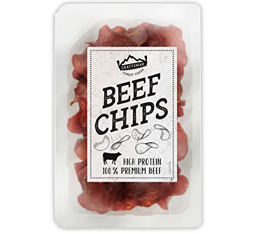 Craftsman Beef Chips | hauchdünn geräuchertes Rindfleisch | Proteinreiches Trockenfleisch | 100% Rind | knusprige Beef Jerky Chips für Party | Meat Snack to Go | Glutenfrei (1 Packung) von CRAFTSMAN FINEST FOODS