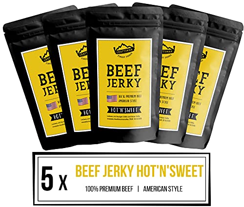 Craftsman Beef Jerky HOT & SWEET 500g (5 x 100g) | Trockenfleisch aus Deutschland - Bayern | American Jerky Beef Set | 100% Rindfleisch | Hot’n‘Sweet | Premium Beef | Meat Snack MADE IN GERMANY von CRAFTSMAN FINEST FOODS