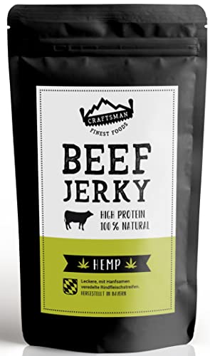 Craftsman Beef Jerky Hemp 250g Großpackung | 100% Natürlich | Ohne Zucker | Trockenfleisch aus Deutschland - Bayern | Weiderind | 68% High Protein | mit Hanfsamen von CRAFTSMAN FINEST FOODS