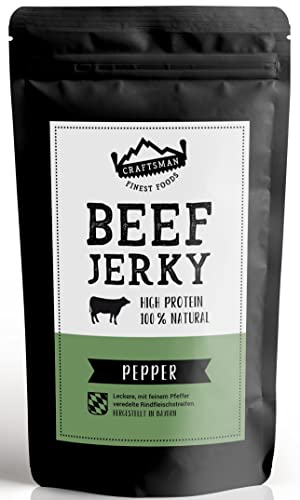 Craftsman Beef Jerky Pepper 250g | 100% Natürlich | Ohne Zucker | Aus Deutschland - Bayern | 100% Rind | High Protein 68% | Biltong Trockenfleisch Pfeffer von CRAFTSMAN FINEST FOODS