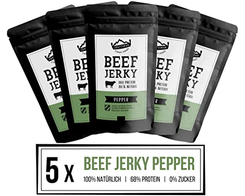 Craftsman Beef Jerky Pepper | Aus Deutschland - Bayern | Set 5 x 100g = 500g | 100 % natürlich ohne Zucker | 100% Rind | High Protein 68% | Biltong Trockenfleisch Pfeffer von CRAFTSMAN FINEST FOODS