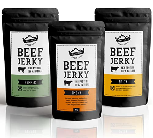 Craftsman Beef Jerky | Set 3 x 100 g = 300 g Probierpack | Aus Deutschland - Bayern | High Protein 68% | 100% natürlich | Ohne Zucker | Biltong Trockenfleisch Mix | Pfeffer | Smoky | Chili von CRAFTSMAN FINEST FOODS