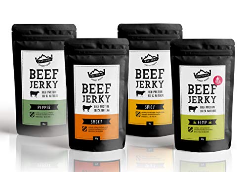 Craftsman Beef Jerky ohne Zucker 100% natürlich | Set 4 x 50 g = 200 g Probierpack | Aus Deutschland - Bayern | Dörrfleisch Mix | Protein 68% | Biltong Trockenfleisch | Hanf Pfeffer Smoky Chili von CRAFTSMAN FINEST FOODS