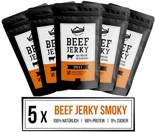 Craftsman Beef Jerky Smoky | Aus Deutschland - Bayern | Set 5 x 100g = 500g | 100% natürlich ohne Zucker | 100% Rindfleisch | High Protein 68% | Trockenfleisch Pfeffer, Smoky, Scharf von CRAFTSMAN FINEST FOODS