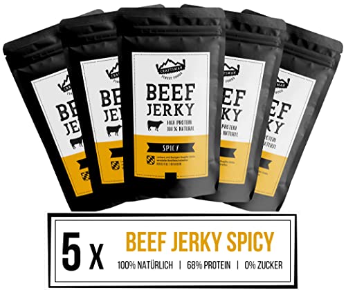 Craftsman Beef Jerky Spicy | Aus Deutschland - Bayern | Set 5 x 100g = 500g | 100% natürlich ohne Zucker | 100% Rind | High Protein 68% | Biltong Trockenfleisch Chili Scharf von CRAFTSMAN FINEST FOODS