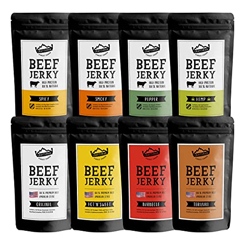 Craftsman Beef Jerky Superpack | Set 8x 50 g (400 g) | Alle Sorten | ORIGINAL, BBQ, TERIYAKI, HOT & SWEET, SMOKY, SPICY, PEPPER, HEMP | Trockenfleisch aus Deutschland - Bayern | Jerky Beef Mix von CRAFTSMAN FINEST FOODS