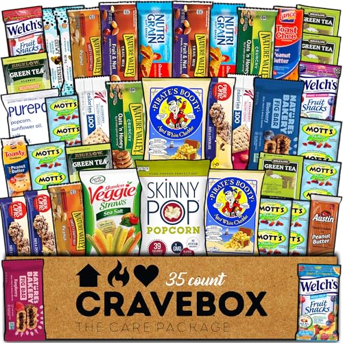 CraveBox Snack-Paket mit einer Auswahl an Müsliriegeln, Popcorn, vegetarischen Pommes frites und Kautabletten Packung à 25 von CraveBox