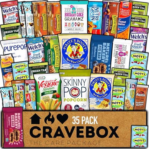 CraveBox Snack-Paket mit einer Auswahl an Müsliriegeln, Popcorn, vegetarischen Pommes frites und Kautabletten Packung à 25 von CraveBox