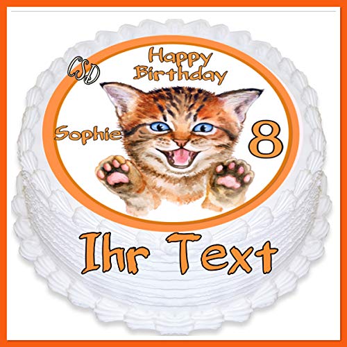Tortenaufleger Katze mit Wunschtext, Essbares Tortenbild, Zuckerpapier, Fototorte, Geburtstag von CSD