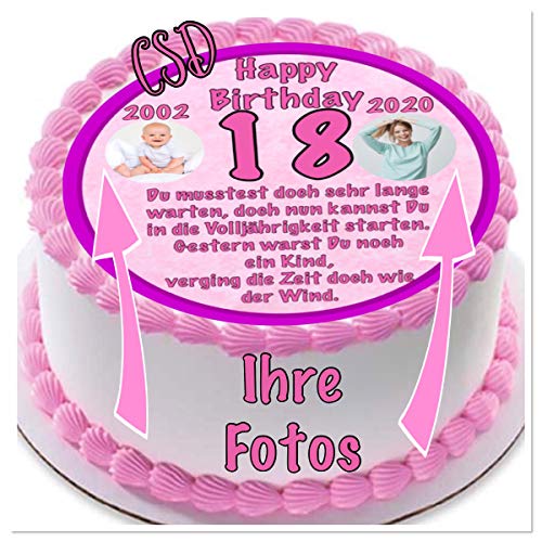 Tortenaufleger 18. Geburtstag, personalisiert,Zuckerpapier, Essbares Tortenbild, Geburtstag, Fototorte von CSD