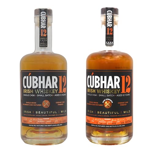 Cúbhar Irish Whiskey Grain Cognac Single Cask 2 x 700ml I Triple Distilled Single Malt Whiskey I Irischer Whiskey 12 Jahre im Bourbon-Fass gereift I 61,6% + 46% von CÚBHAR