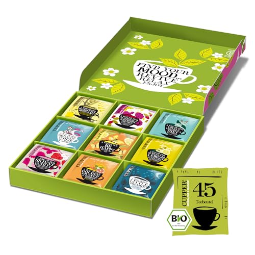 Cupper Bio Tee Geschenkset, Tee Set, Geschenkidee, Bunte Teebox mit 9 verschiedenen Sorten, Kollektion ausgewählter Kräuter- und Früchtetees (1 Box, 45 Teebeutel) von CUPPER