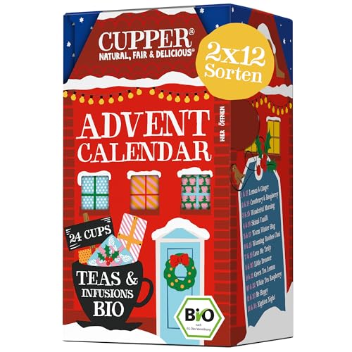 Cupper Bio Tee Adventskalender 2024, Geschenk Weihnachten, Weihnachtskalender ohne Schokolade mit 24 Teebeuteln, 2x12 Sorten, zwei neue Sorten von CUPPER