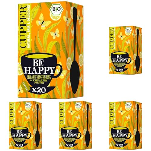 Cupper Be Happy Bio-Gewürztee mit Zitrone, Zimt, Ingwer und Schwarzem Pfeffer, 40 g, 20 Stück (5er Pack) von CUPPER