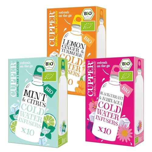 Cupper Bio Cold Water Infuser Box, 3 Sorten, Minze, Zitrone-Ingwer & Johannisbeere, Wasser mit Geschmack, Cold Brew, Kalter Tee, 30 umweltfreundliche Teebeutel, fair gehandelt von CUPPER