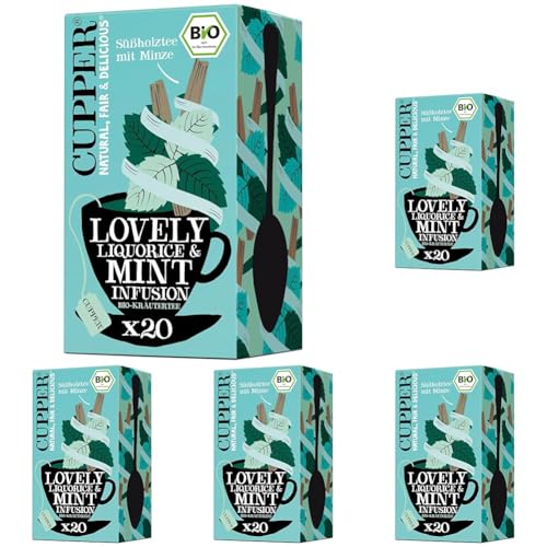 Cupper Bio Kräutertee "Lovely Liquorice & Mint", Pfefferminztee, 20 ungebleichte Teebeutel, umweltfreundlich, fair gehandelt (Packung mit 5) von CUPPER