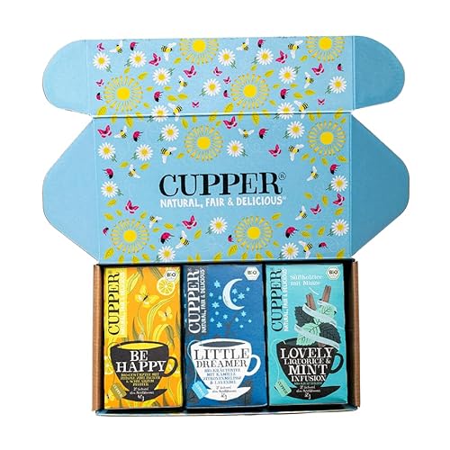 Cupper Bio Tee Set "Topseller", Tee Geschenkset, Früchtetee, Kräutertee, drei verschiedene Sorten, 60 ungebleichte, plastikfreie Teebeutel, 3er Pack von CUPPER