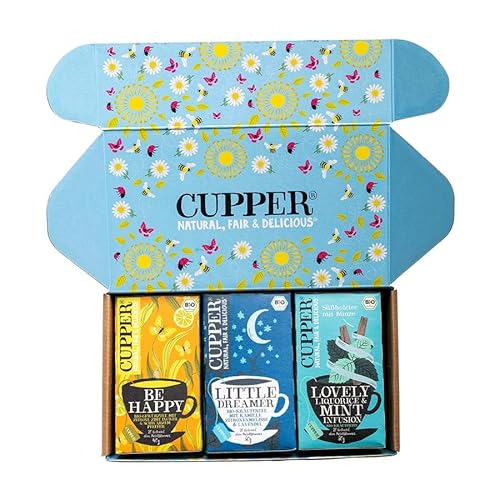 Cupper Bio Tee Set "Klassiker", Tee Geschenkset, Früchtetee, Kräutertee, drei verschiedene Sorten, 60 ungebleichte, plastikfreie Teebeutel, 3er Pack Cupper Bio Tee Set "Klassiker", Tee Geschenkset, Früchtetee, Kräutertee, drei verschiedene Sorten, 60 ungebleichte, plastikfreie Teebeutel, 3er Pack von CUPPER