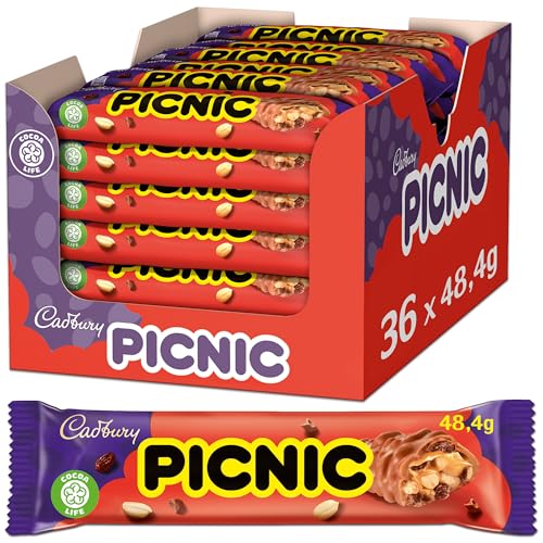 Cadbury PICNIC 36 x 48,4g, Schokoriegel Großpackung, Schokoladen Riegel mit Erdnüssen, Rosinen und Karamell, 37 einzeln verpackte Riegel von Cadbury