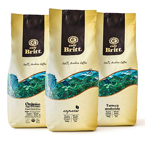 Cafe Britt - Costa Rican Coffee Bundle (2 LB) (3-Pack) (Organic, Espresso & Tarrazu) Whole Bean, 100% Arabica Coffee, Kosher, Gluten Free, Gourmet & Medium Light & Dark Roast. von Cafe Britt